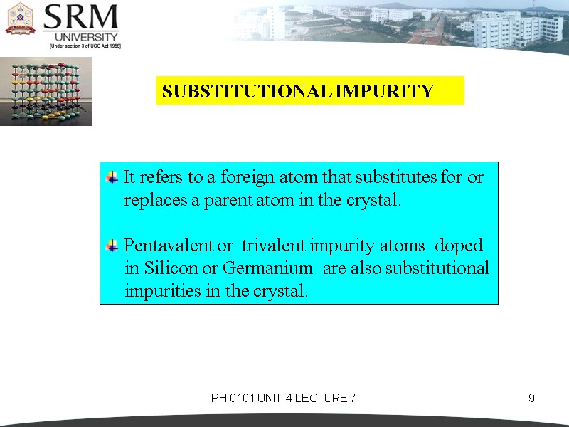 PH 0101 UNIT 4 LECTURE 7 9 SUBSTITUTIONAL IMPURITY   It refers to